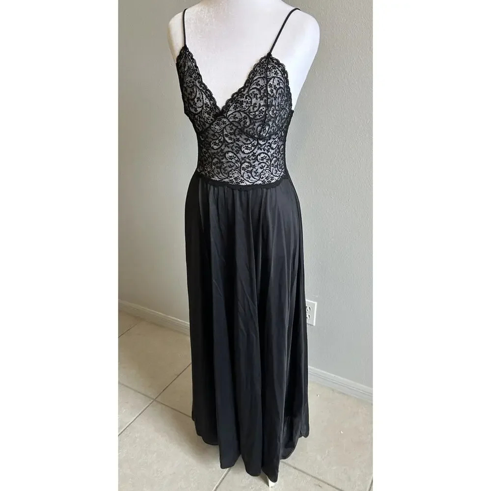 VTG 70s Nightgown Black Lace Bodice Long Maxi Glam Whimsygoth Romantic Flowy USA